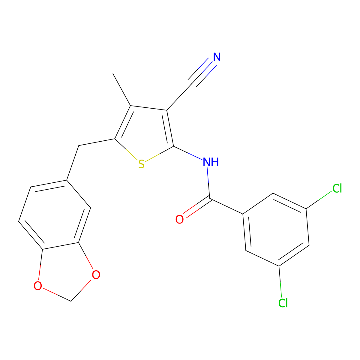 N-(5-(benzo[d][1,3]dioxol-5-ylmethyl)-3-cyano-4-methylthiophen-2-yl)-3,5-dichlorobenzamide molecular structure, CAS 476367-40-5