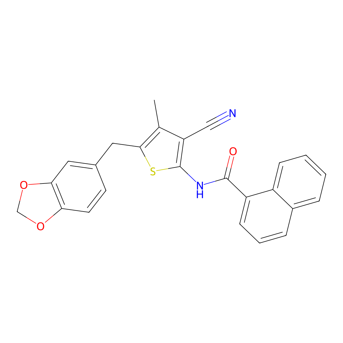 N-(5-(benzo[d][1,3]dioxol-5-ylmethyl)-3-cyano-4-methylthiophen-2-yl)-1-naphthamide molecular structure, CAS 476367-51-8