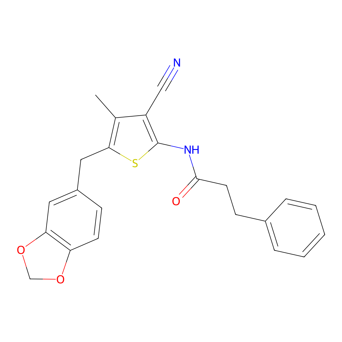 N-[5-(1,3-benzodioxol-5-ylmethyl)-3-cyano-4-methylthiophen-2-yl]-3-phenylpropanamide molecular structure, CAS 476367-70-1