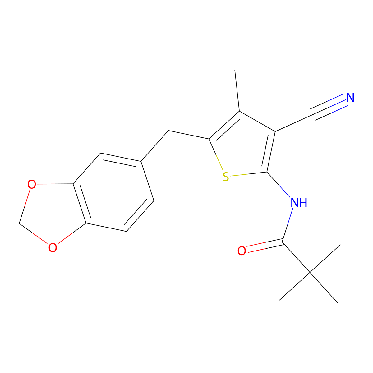 N-(5-(benzo[d][1,3]dioxol-5-ylmethyl)-3-cyano-4-methylthiophen-2-yl)pivalamide molecular structure, CAS 476367-75-6