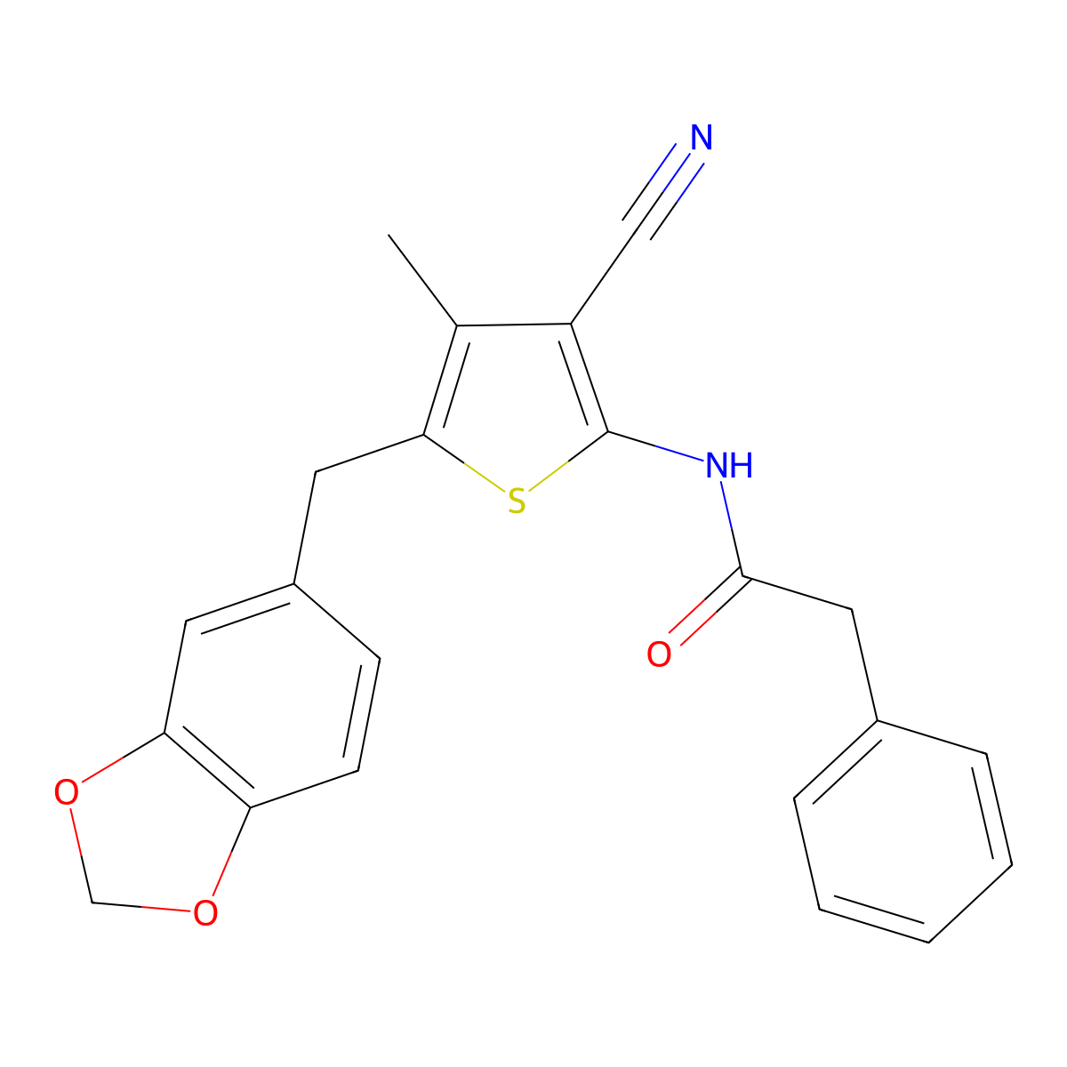 N-(5-(benzo[d][1,3]dioxol-5-ylmethyl)-3-cyano-4-methylthiophen-2-yl)-2-phenylacetamide molecular structure, CAS 476367-78-9