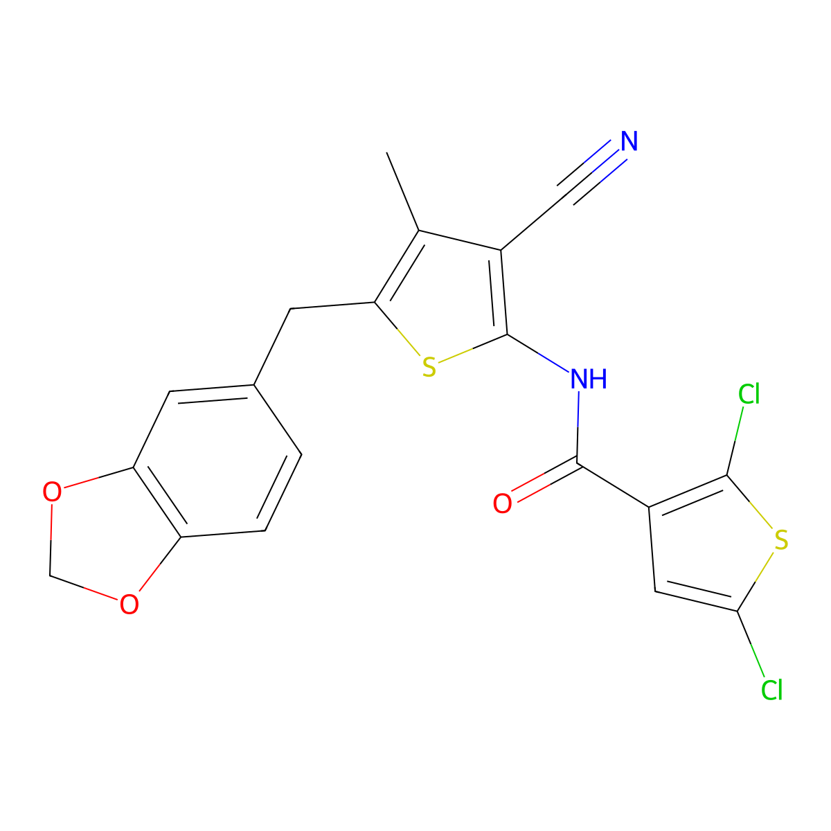 N-(5-(benzo[d][1,3]dioxol-5-ylmethyl)-3-cyano-4-methylthiophen-2-yl)-2,5-dichlorothiophene-3-carboxamide molecular structure, CAS 476367-80-3