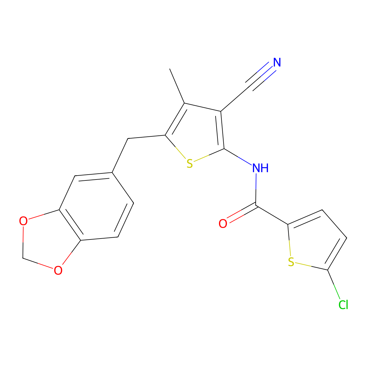 N-(5-(benzo[d][1,3]dioxol-5-ylmethyl)-3-cyano-4-methylthiophen-2-yl)-5-chlorothiophene-2-carboxamide molecular structure, CAS 476367-83-6
