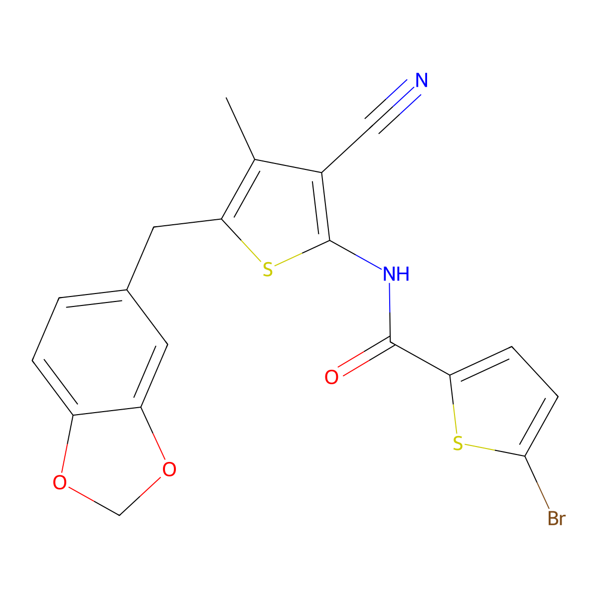 N-(5-(benzo[d][1,3]dioxol-5-ylmethyl)-3-cyano-4-methylthiophen-2-yl)-5-bromothiophene-2-carboxamide molecular structure, CAS 476367-84-7
