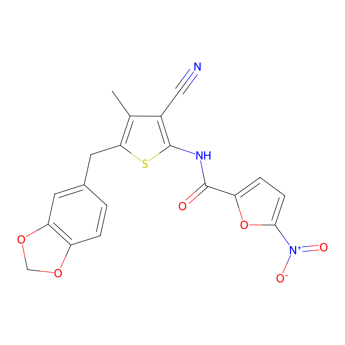 N-(5-(benzo[d][1,3]dioxol-5-ylmethyl)-3-cyano-4-methylthiophen-2-yl)-5-nitrofuran-2-carboxamide molecular structure, CAS 476367-86-9