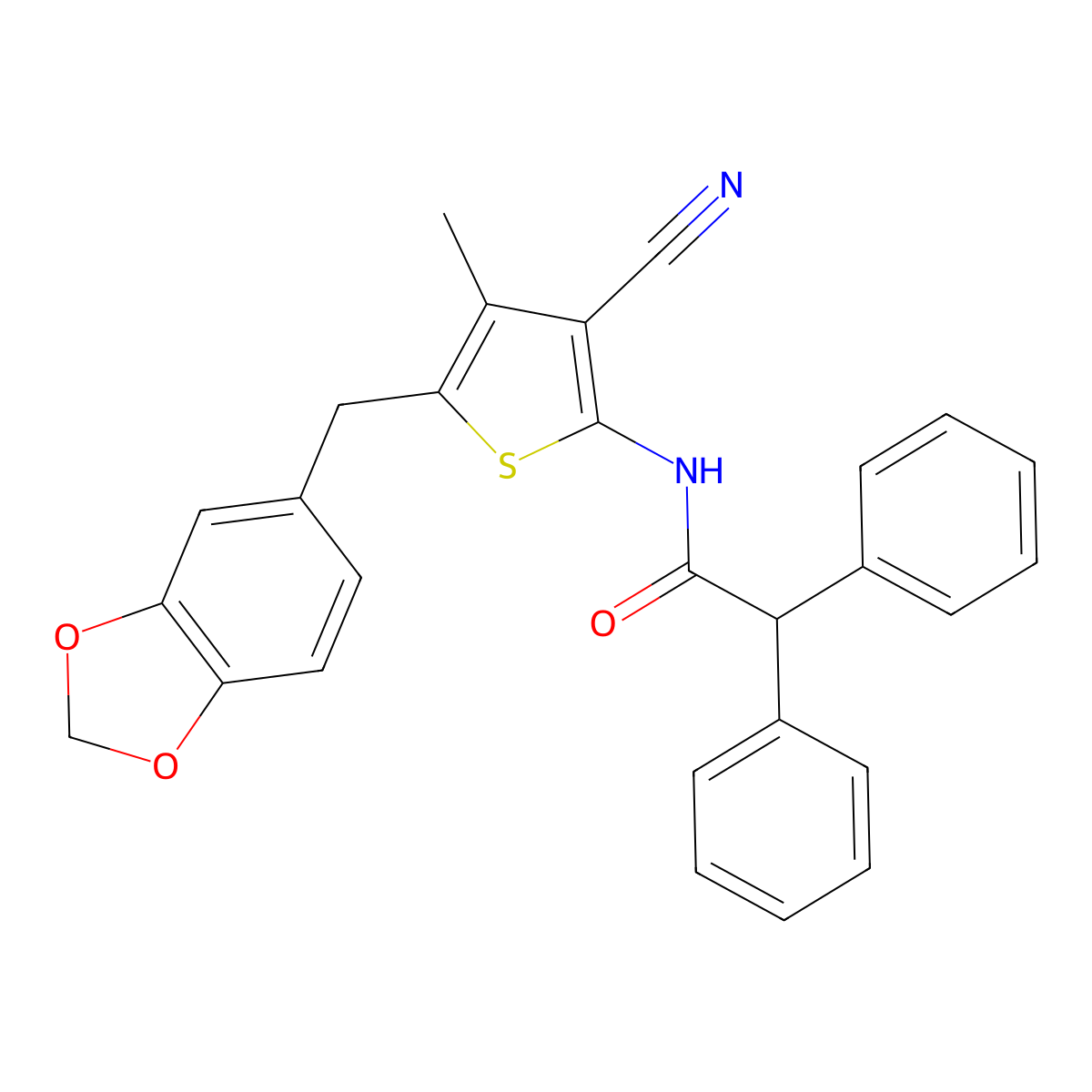 N-(5-(benzo[d][1,3]dioxol-5-ylmethyl)-3-cyano-4-methylthiophen-2-yl)-2,2-diphenylacetamide molecular structure, CAS 476367-91-6