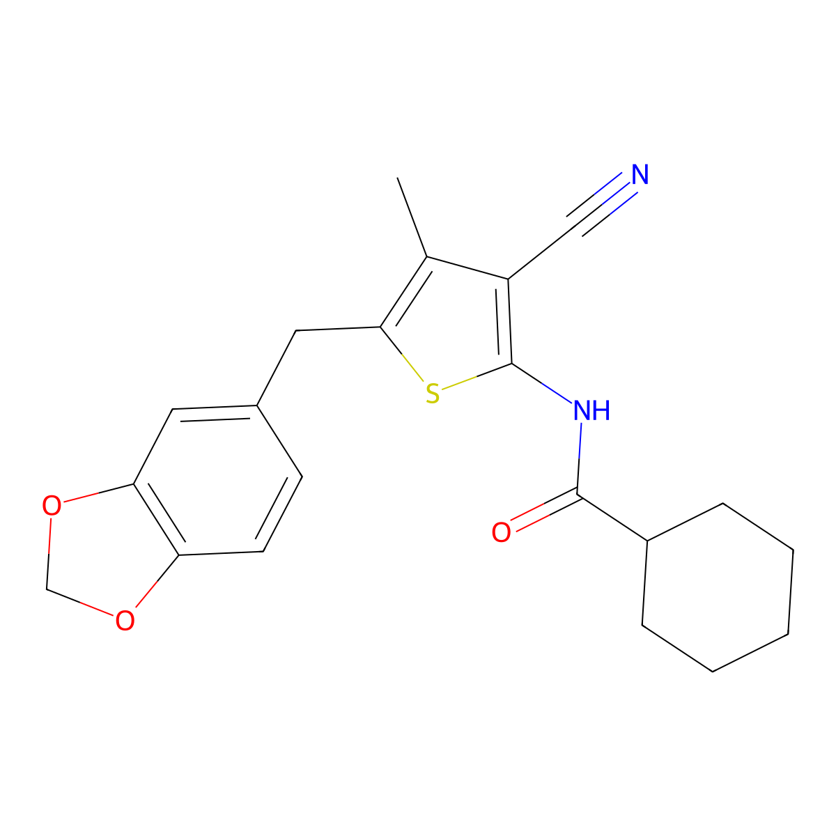 N-(5-(benzo[d][1,3]dioxol-5-ylmethyl)-3-cyano-4-methylthiophen-2-yl)cyclohexanecarboxamide molecular structure, CAS 476367-92-7
