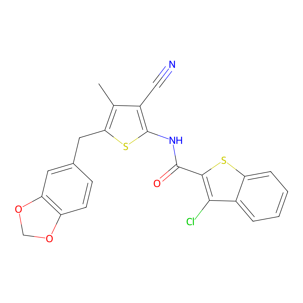 N-(5-(benzo[d][1,3]dioxol-5-ylmethyl)-3-cyano-4-methylthiophen-2-yl)-3-chlorobenzo[b]thiophene-2-carboxamide molecular structure, CAS 476367-96-1