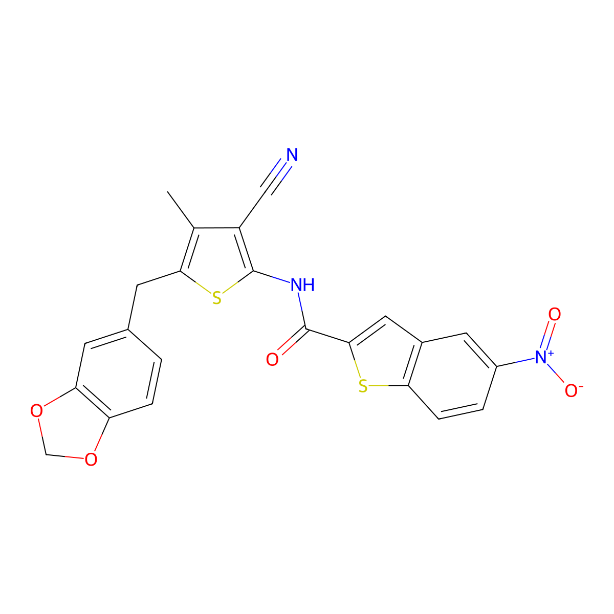 N-(5-(benzo[d][1,3]dioxol-5-ylmethyl)-3-cyano-4-methylthiophen-2-yl)-5-nitrobenzo[b]thiophene-2-carboxamide molecular structure, CAS 476367-97-2