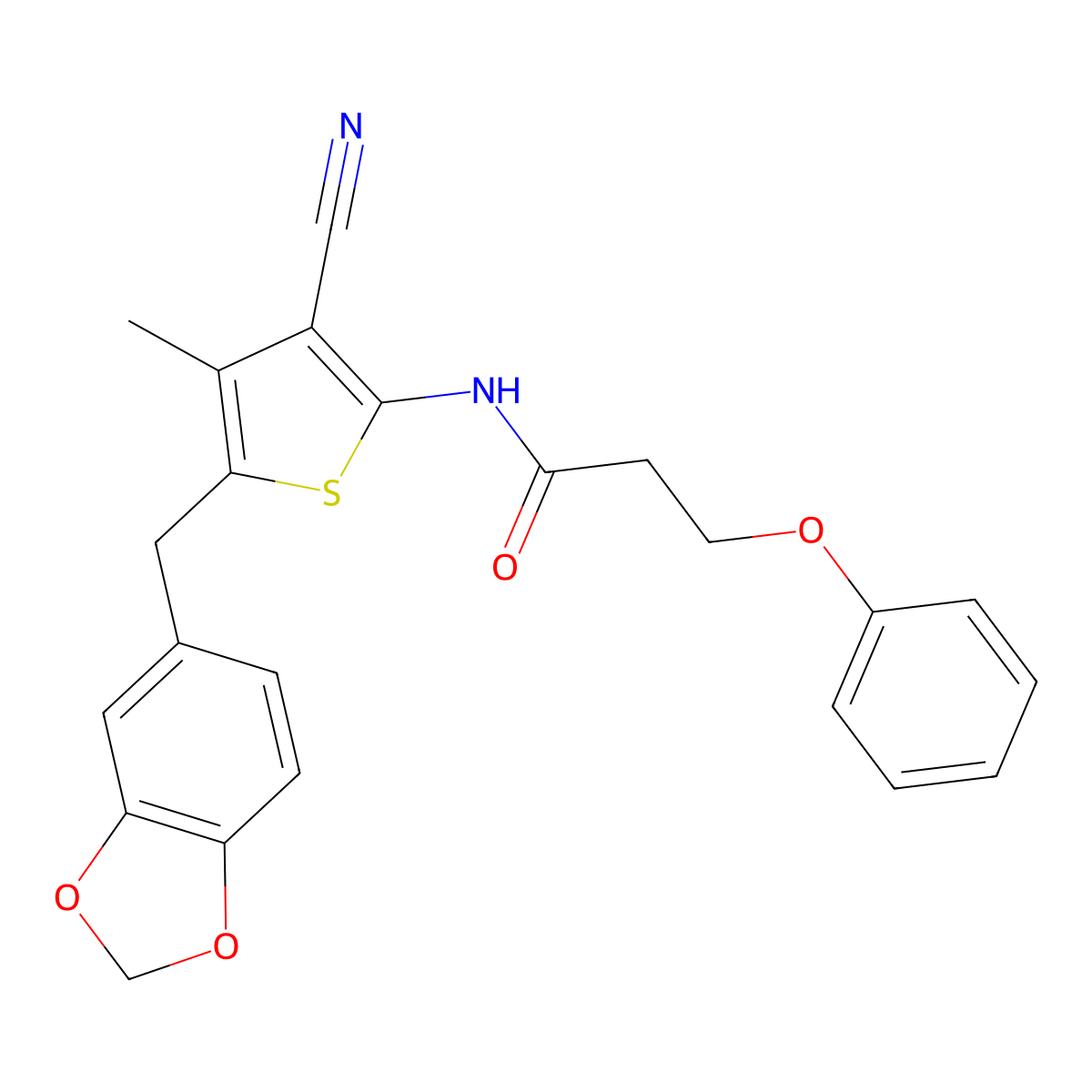 N-[5-(1,3-benzodioxol-5-ylmethyl)-3-cyano-4-methylthiophen-2-yl]-3-phenoxypropanamide molecular structure, CAS 476367-98-3