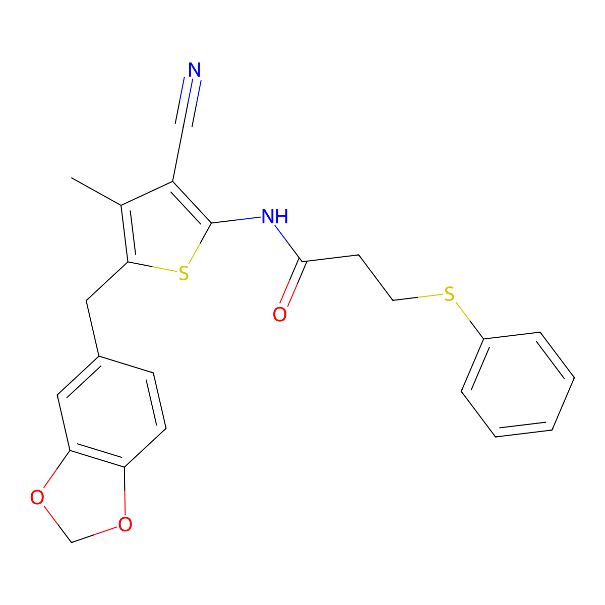 N-[5-(1,3-benzodioxol-5-ylmethyl)-3-cyano-4-methylthiophen-2-yl]-3-phenylsulfanylpropanamide molecular structure, CAS 476367-99-4