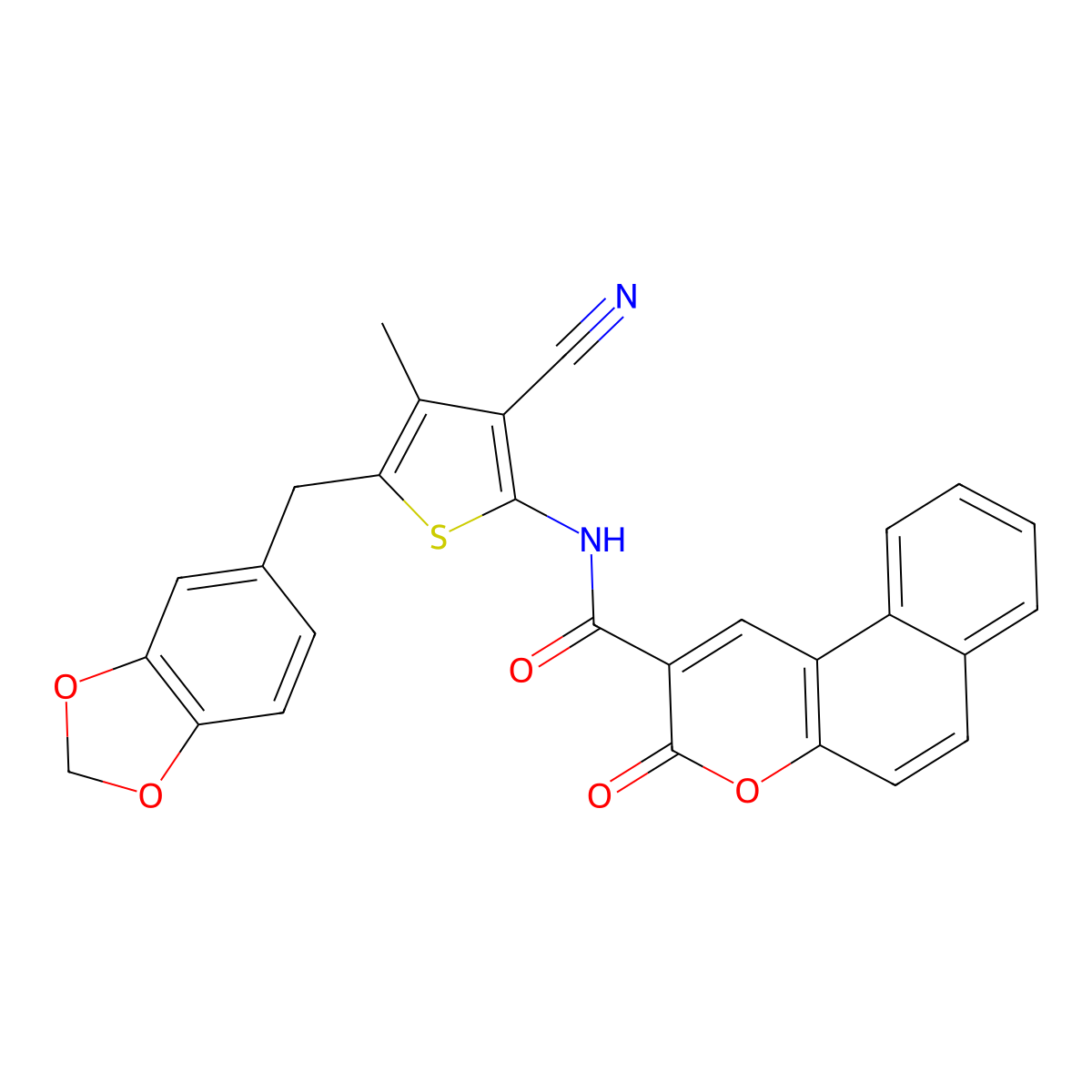 N-[5-(1,3-benzodioxol-5-ylmethyl)-3-cyano-4-methylthiophen-2-yl]-3-oxobenzo[f]chromene-2-carboxamide molecular structure, CAS 476368-06-6
