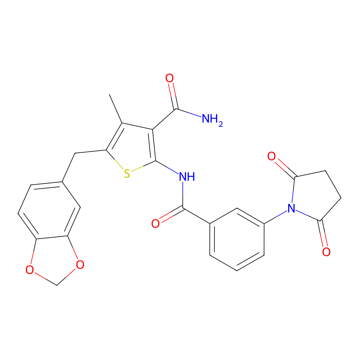 5-[(2H-1,3-benzodioxol-5-yl)methyl]-2-[3-(2,5-dioxopyrrolidin-1-yl)benzamido]-4-methylthiophene-3-carboxamide molecular structure, CAS 476368-62-4