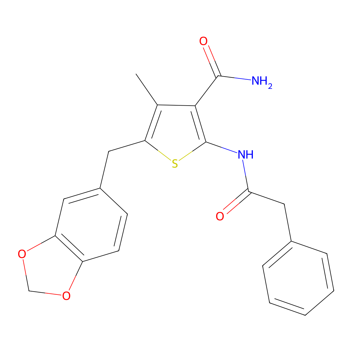 5-(Benzo[d][1,3]dioxol-5-ylmethyl)-4-methyl-2-(2-phenylacetamido)thiophene-3-carboxamide molecular structure, CAS 476368-73-7
