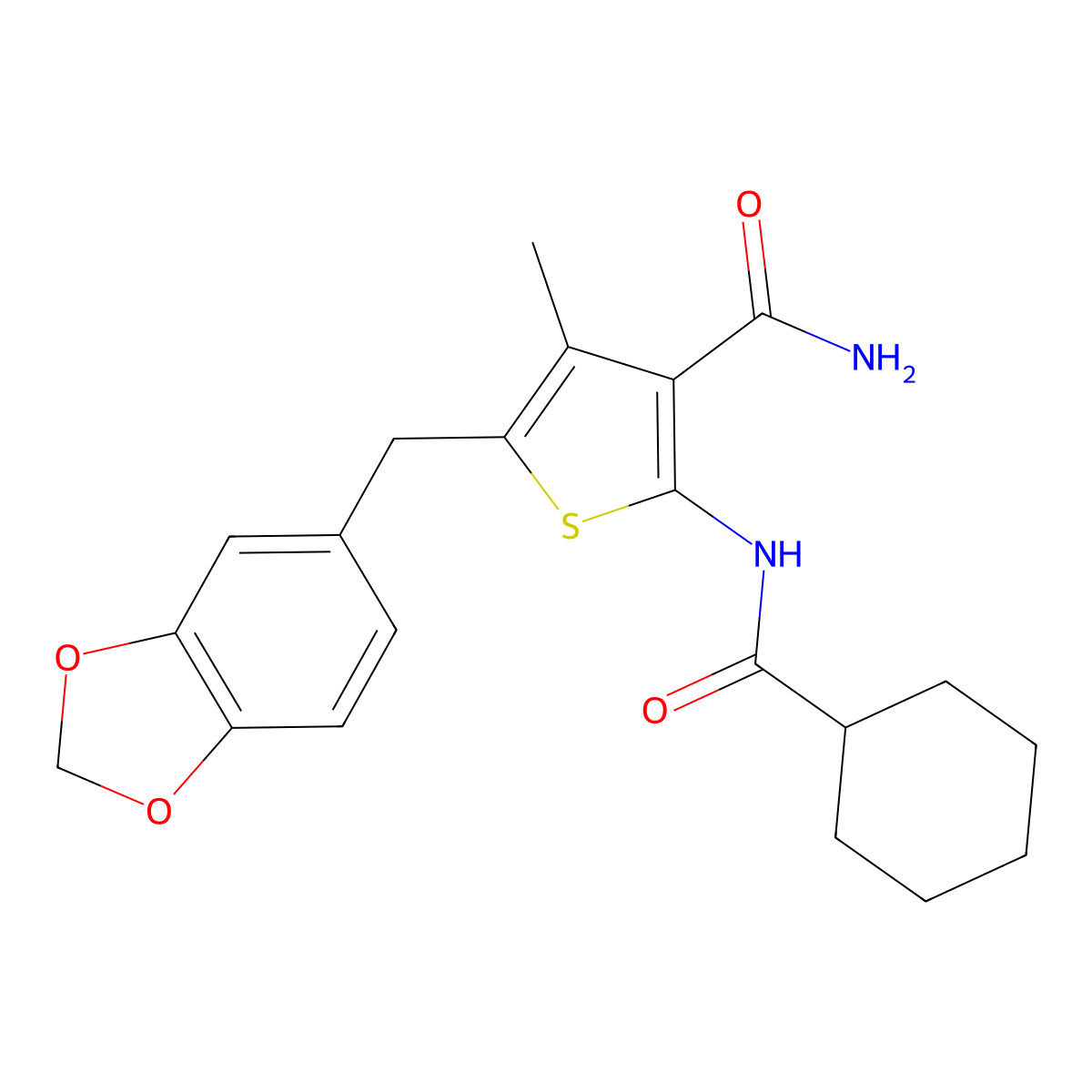 5-(1,3-Benzodioxol-5-ylmethyl)-2-(cyclohexanecarbonylamino)-4-methylthiophene-3-carboxamide molecular structure, CAS 476368-87-3