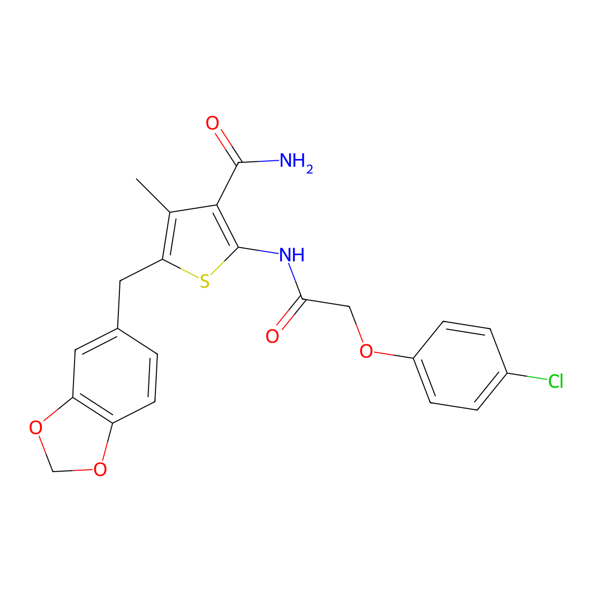 5-(Benzo[d][1,3]dioxol-5-ylmethyl)-2-(2-(4-chlorophenoxy)acetamido)-4-methylthiophene-3-carboxamide molecular structure, CAS 476368-89-5