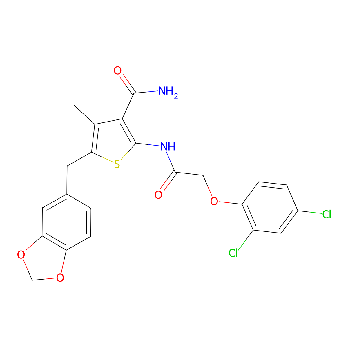 5-(Benzo[d][1,3]dioxol-5-ylmethyl)-2-(2-(2,4-dichlorophenoxy)acetamido)-4-methylthiophene-3-carboxamide molecular structure, CAS 476368-90-8