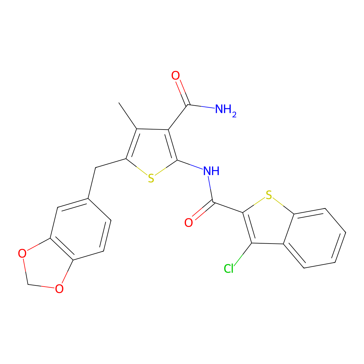 N-(5-(benzo[d][1,3]dioxol-5-ylmethyl)-3-carbamoyl-4-methylthiophen-2-yl)-3-chlorobenzo[b]thiophene-2-carboxamide molecular structure, CAS 476368-91-9