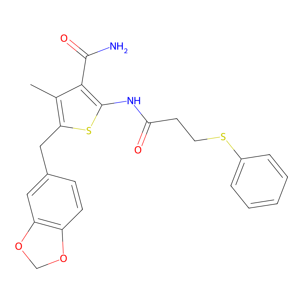 5-(Benzo[d][1,3]dioxol-5-ylmethyl)-4-methyl-2-(3-(phenylthio)propanamido)thiophene-3-carboxamide molecular structure, CAS 476368-94-2