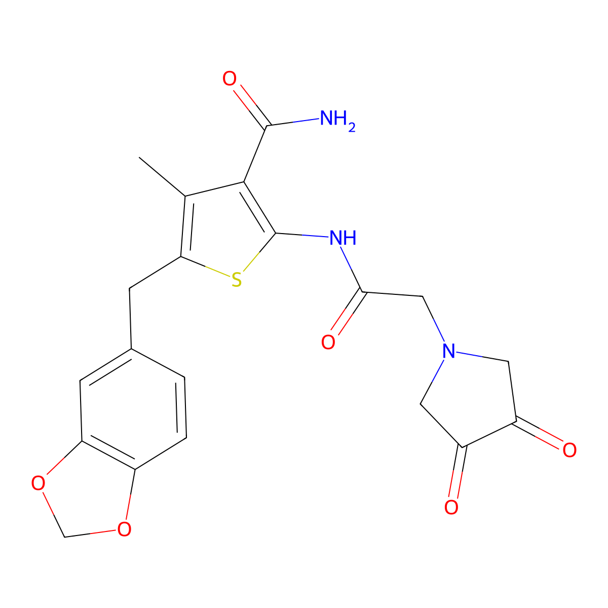 5-(Benzo[d][1,3]dioxol-5-ylmethyl)-2-(2-(3,4-dioxopyrrolidin-1-yl)acetamido)-4-methylthiophene-3-carboxamide molecular structure, CAS 476368-99-7