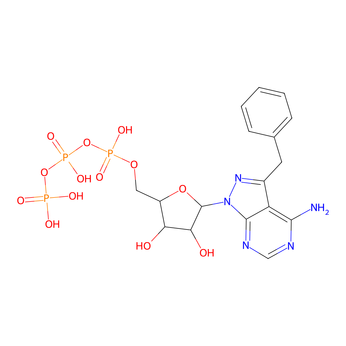 3-Benzyl-1-[5-O-(hydroxy{[hydroxy(phosphonooxy)phosphoryl]oxy}phosphoryl)-beta-D-ribofuranosyl]-1H-pyrazolo[3,4-d]pyrimidin-4-amine molecular structure, CAS 476371-80-9
