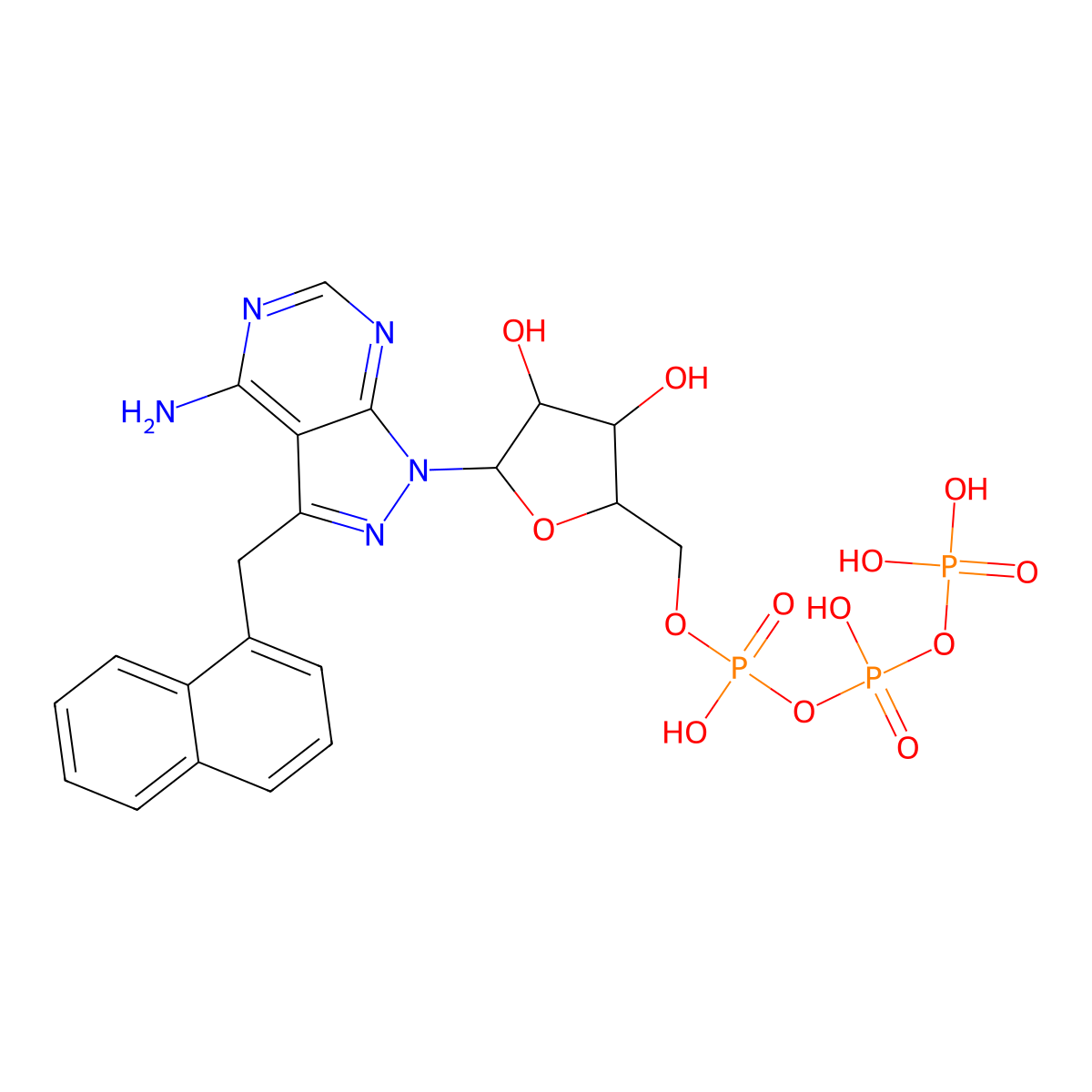 1-[5-O-(Hydroxy{[hydroxy(phosphonooxy)phosphoryl]oxy}phosphoryl)-beta-D-ribofuranosyl]-3-[(naphthalen-1-yl)methyl]-1H-pyrazolo[3,4-d]pyrimidin-4-amine molecular structure, CAS 476371-81-0