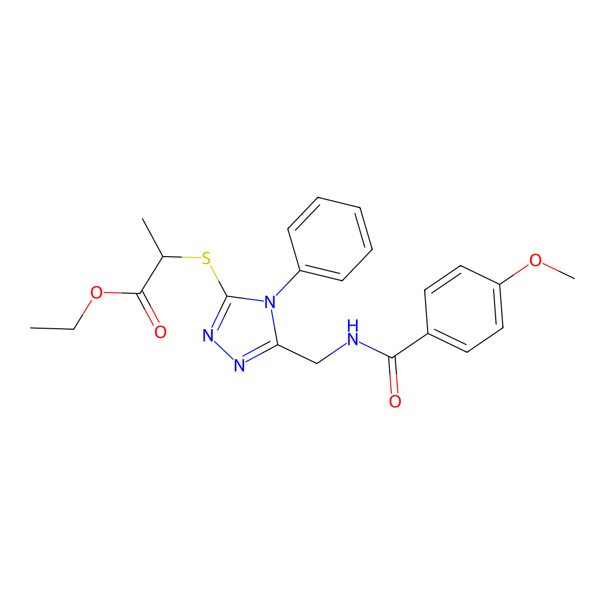 Ethyl 2-[[5-[[(4-methoxybenzoyl)amino]methyl]-4-phenyl-1,2,4-triazol-3-yl]sulfanyl]propanoate molecular structure, CAS 476431-36-4
