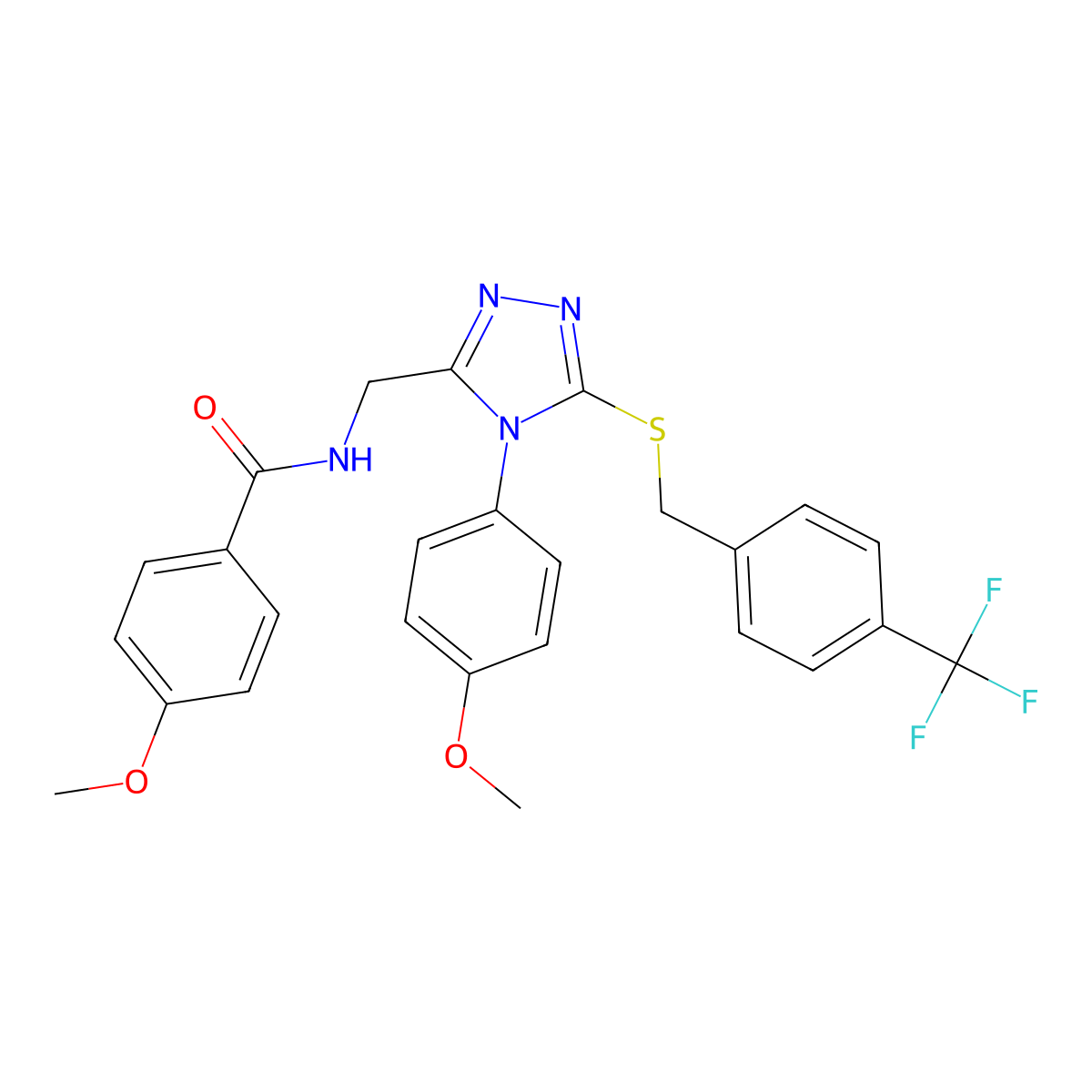 4-methoxy-N-((4-(4-methoxyphenyl)-5-((4-(trifluoromethyl)benzyl)thio)-4H-1,2,4-triazol-3-yl)methyl)benzamide molecular structure, CAS 476431-55-7