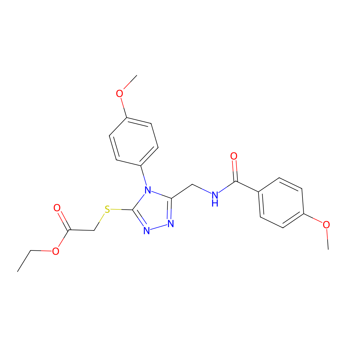 ethyl 2-((5-((4-methoxybenzamido)methyl)-4-(4-methoxyphenyl)-4H-1,2,4-triazol-3-yl)thio)acetate molecular structure, CAS 476431-60-4
