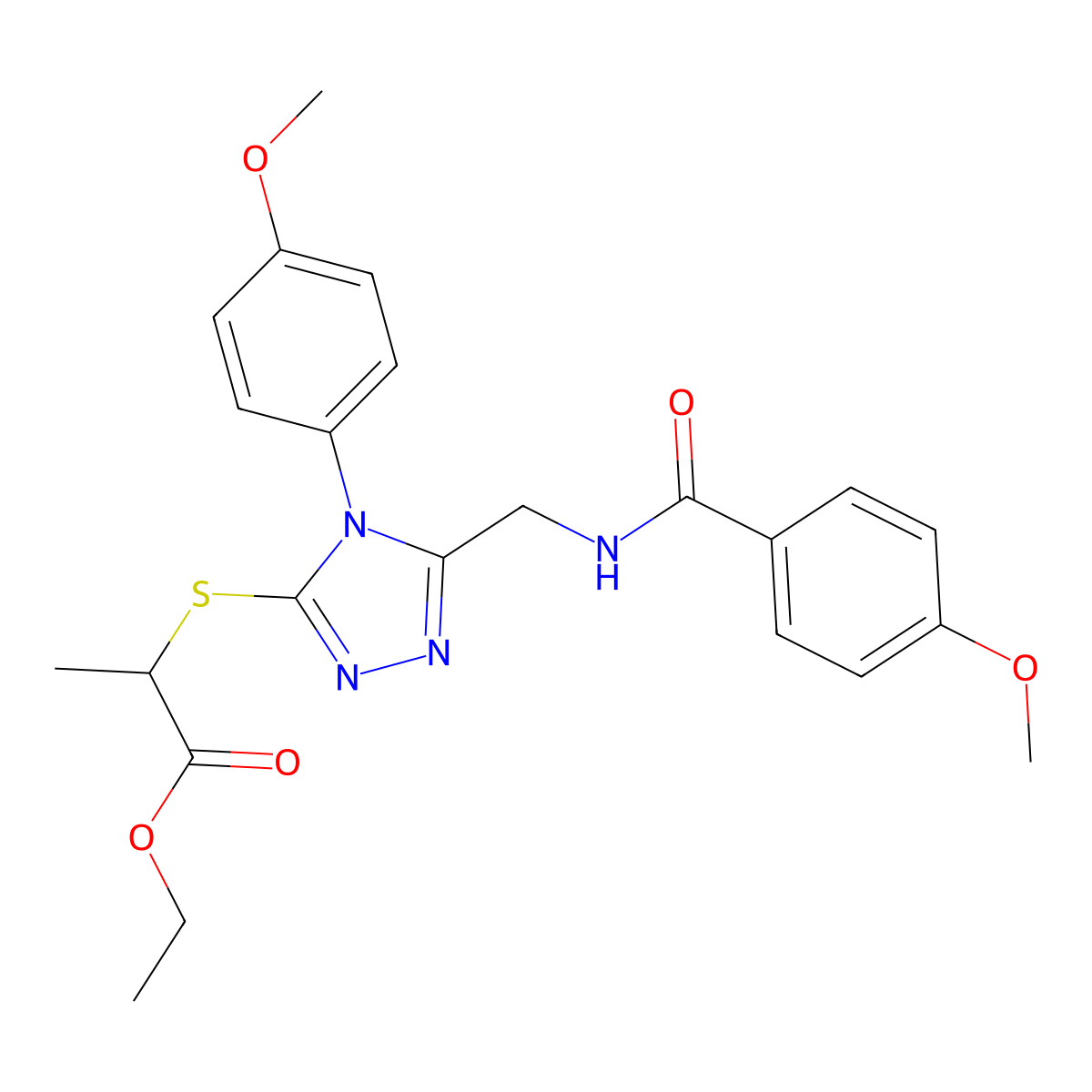 Ethyl 2-[[5-[[(4-methoxybenzoyl)amino]methyl]-4-(4-methoxyphenyl)-1,2,4-triazol-3-yl]sulfanyl]propanoate molecular structure, CAS 476431-62-6