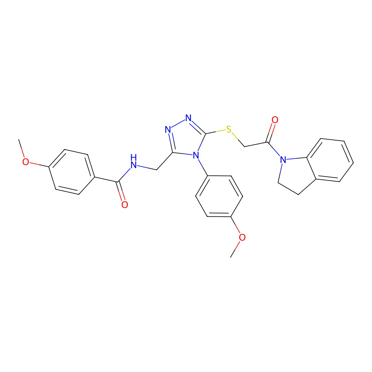 N-((5-((2-(indolin-1-yl)-2-oxoethyl)thio)-4-(4-methoxyphenyl)-4H-1,2,4-triazol-3-yl)methyl)-4-methoxybenzamide molecular structure, CAS 476431-69-3