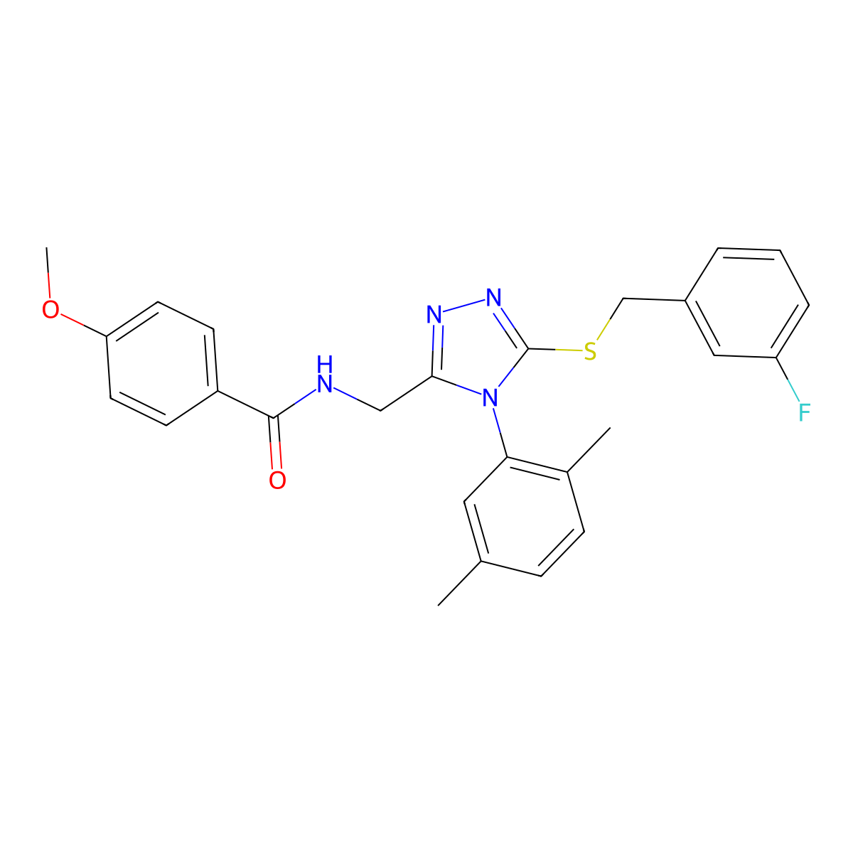 N-((4-(2,5-dimethylphenyl)-5-((3-fluorobenzyl)thio)-4H-1,2,4-triazol-3-yl)methyl)-4-methoxybenzamide molecular structure, CAS 476432-85-6