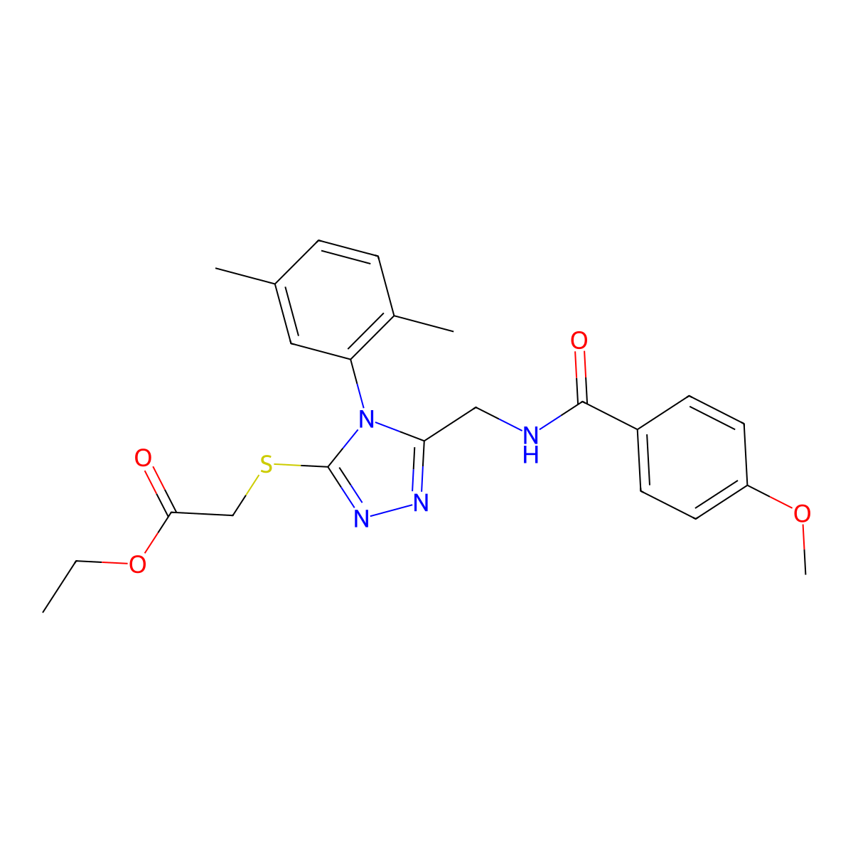 ethyl 2-((4-(2,5-dimethylphenyl)-5-((4-methoxybenzamido)methyl)-4H-1,2,4-triazol-3-yl)thio)acetate molecular structure, CAS 476432-87-8