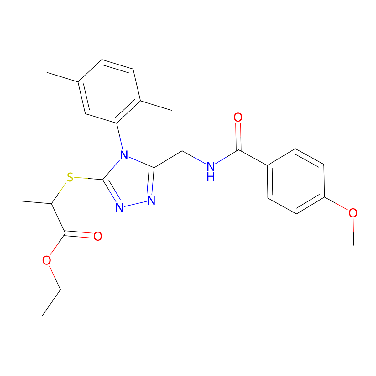 ethyl 2-((4-(2,5-dimethylphenyl)-5-((4-methoxybenzamido)methyl)-4H-1,2,4-triazol-3-yl)thio)propanoate molecular structure, CAS 476432-88-9
