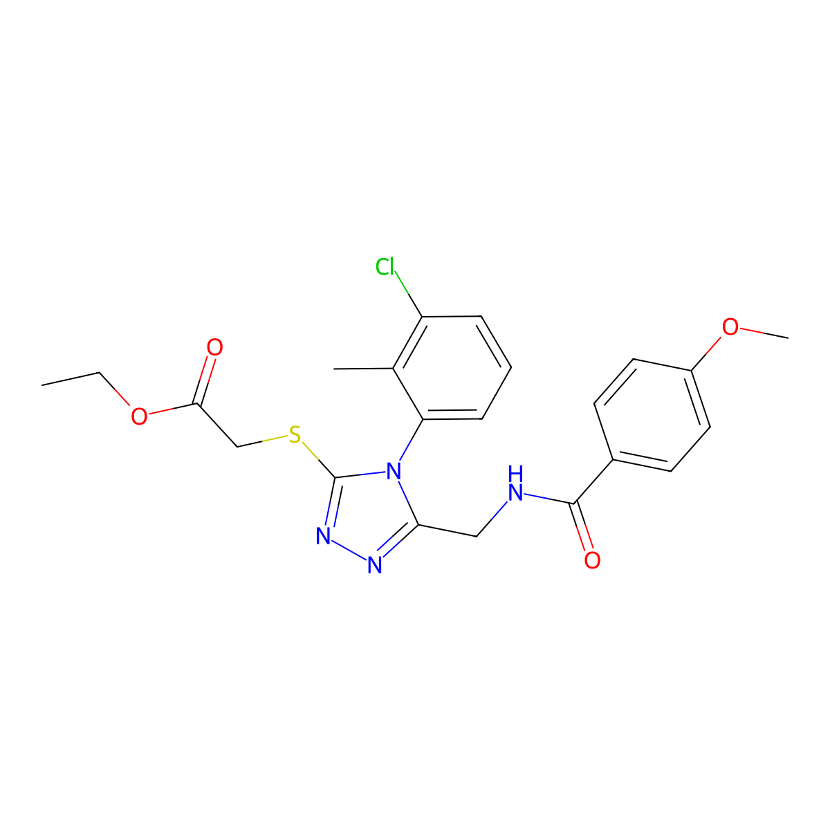 ethyl 2-((4-(3-chloro-2-methylphenyl)-5-((4-methoxybenzamido)methyl)-4H-1,2,4-triazol-3-yl)thio)acetate molecular structure, CAS 476433-29-1