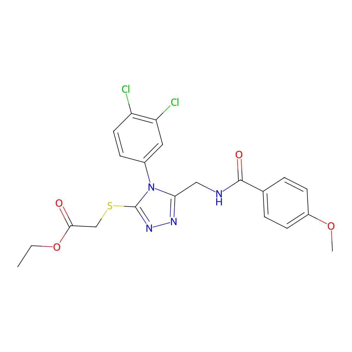 ethyl 2-((4-(3,4-dichlorophenyl)-5-((4-methoxybenzamido)methyl)-4H-1,2,4-triazol-3-yl)thio)acetate molecular structure, CAS 476433-68-8