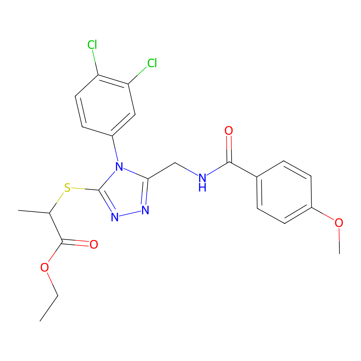 Ethyl 2-[[4-(3,4-dichlorophenyl)-5-[[(4-methoxybenzoyl)amino]methyl]-1,2,4-triazol-3-yl]sulfanyl]propanoate molecular structure, CAS 476433-69-9