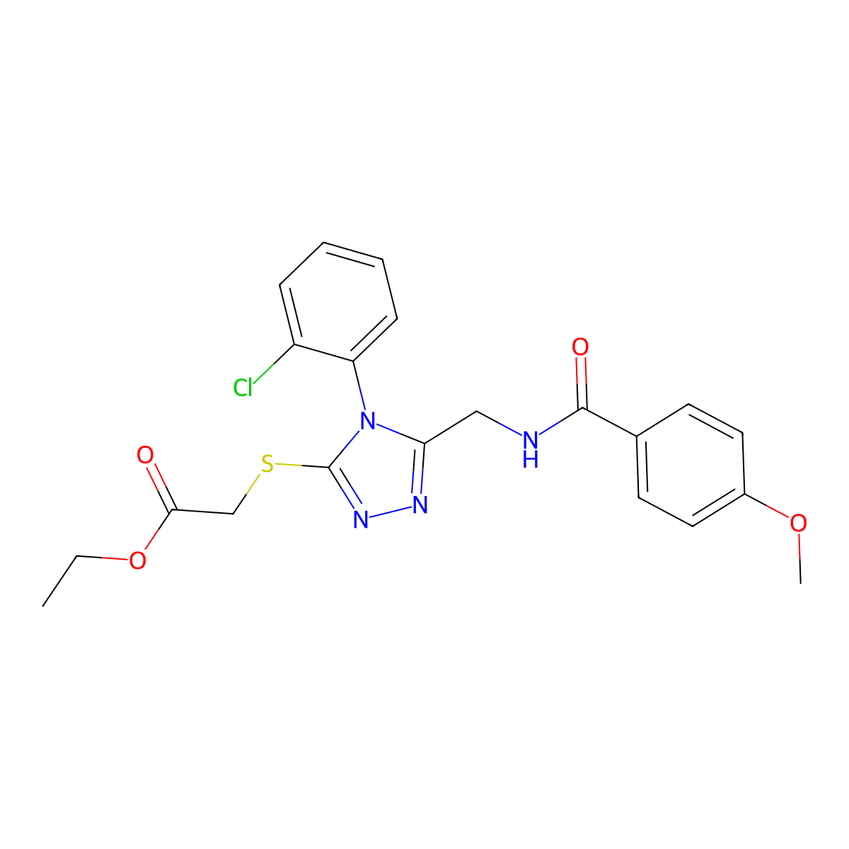 ethyl 2-((4-(2-chlorophenyl)-5-((4-methoxybenzamido)methyl)-4H-1,2,4-triazol-3-yl)thio)acetate molecular structure, CAS 476433-93-9