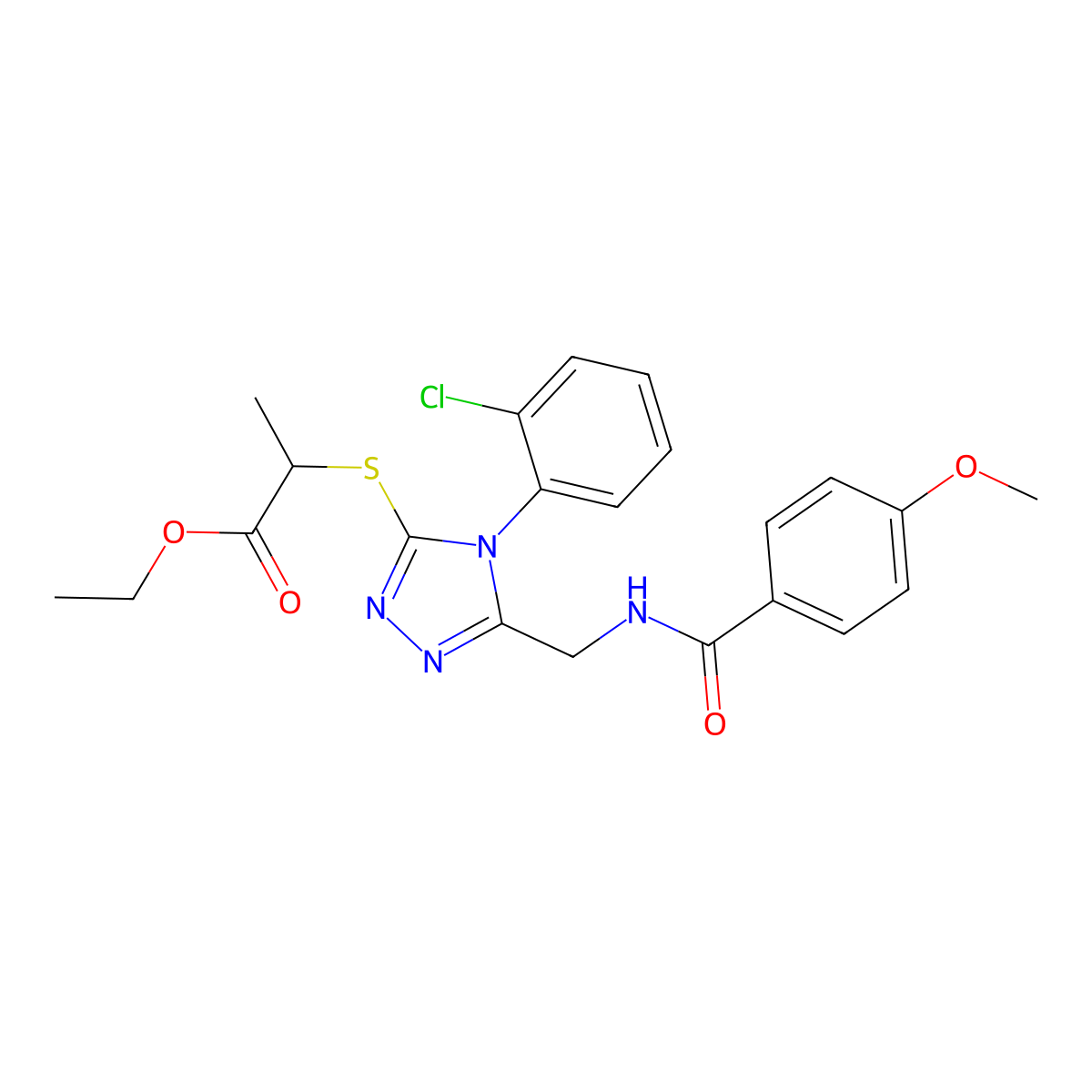 ethyl 2-((4-(2-chlorophenyl)-5-((4-methoxybenzamido)methyl)-4H-1,2,4-triazol-3-yl)thio)propanoate molecular structure, CAS 476433-94-0