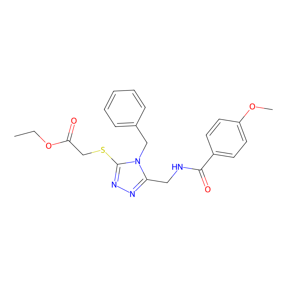 Ethyl 2-[[4-benzyl-5-[[(4-methoxybenzoyl)amino]methyl]-1,2,4-triazol-3-yl]sulfanyl]acetate molecular structure, CAS 476435-20-8