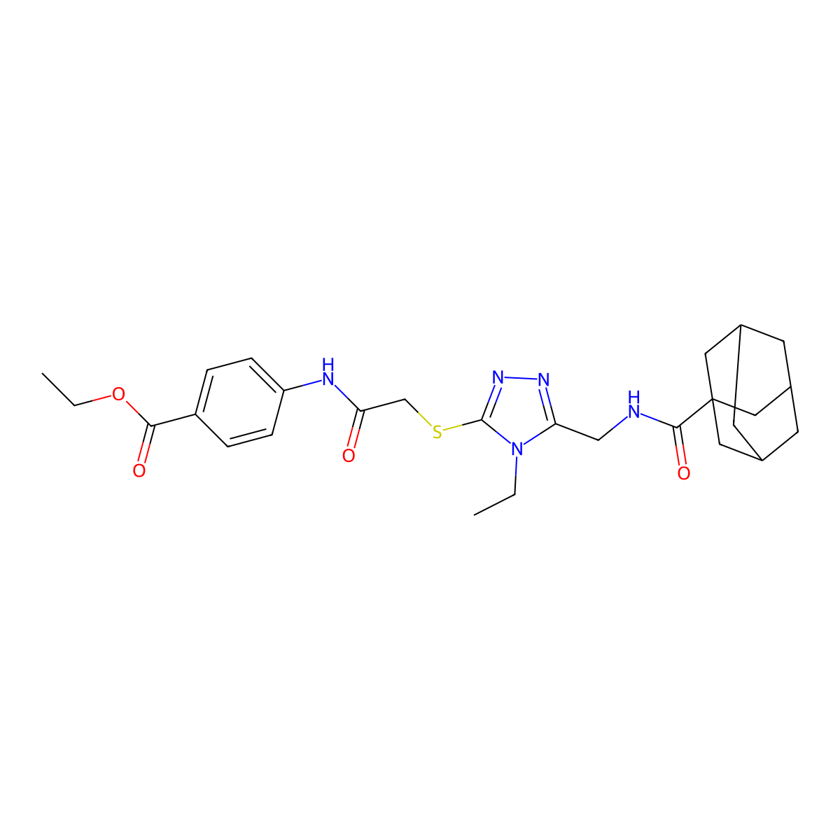 Ethyl 4-[[2-[[5-[(adamantane-1-carbonylamino)methyl]-4-ethyl-1,2,4-triazol-3-yl]sulfanyl]acetyl]amino]benzoate molecular structure, CAS 476438-57-0