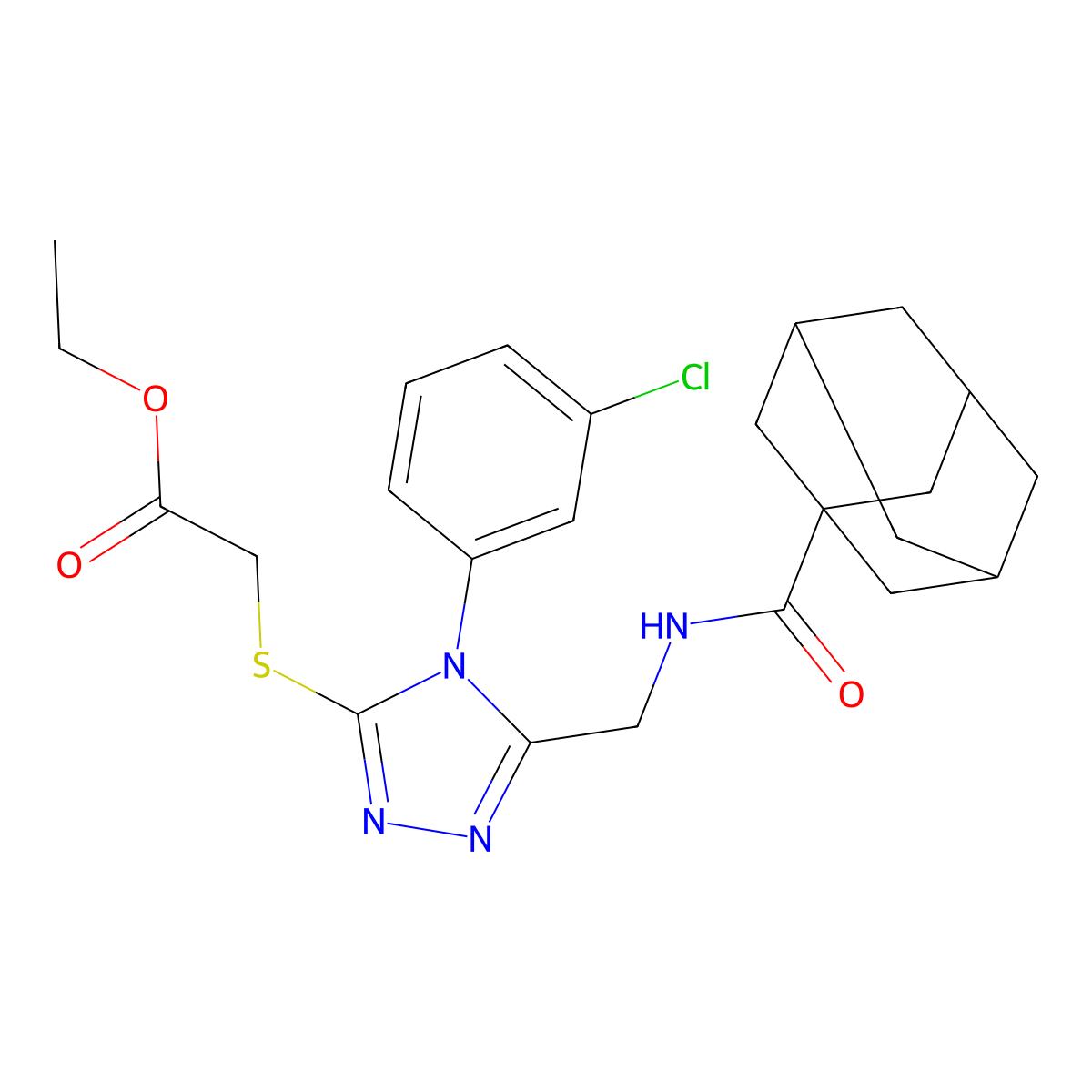 Ethyl 2-[[5-[(adamantane-1-carbonylamino)methyl]-4-(3-chlorophenyl)-1,2,4-triazol-3-yl]sulfanyl]acetate molecular structure, CAS 476439-29-9