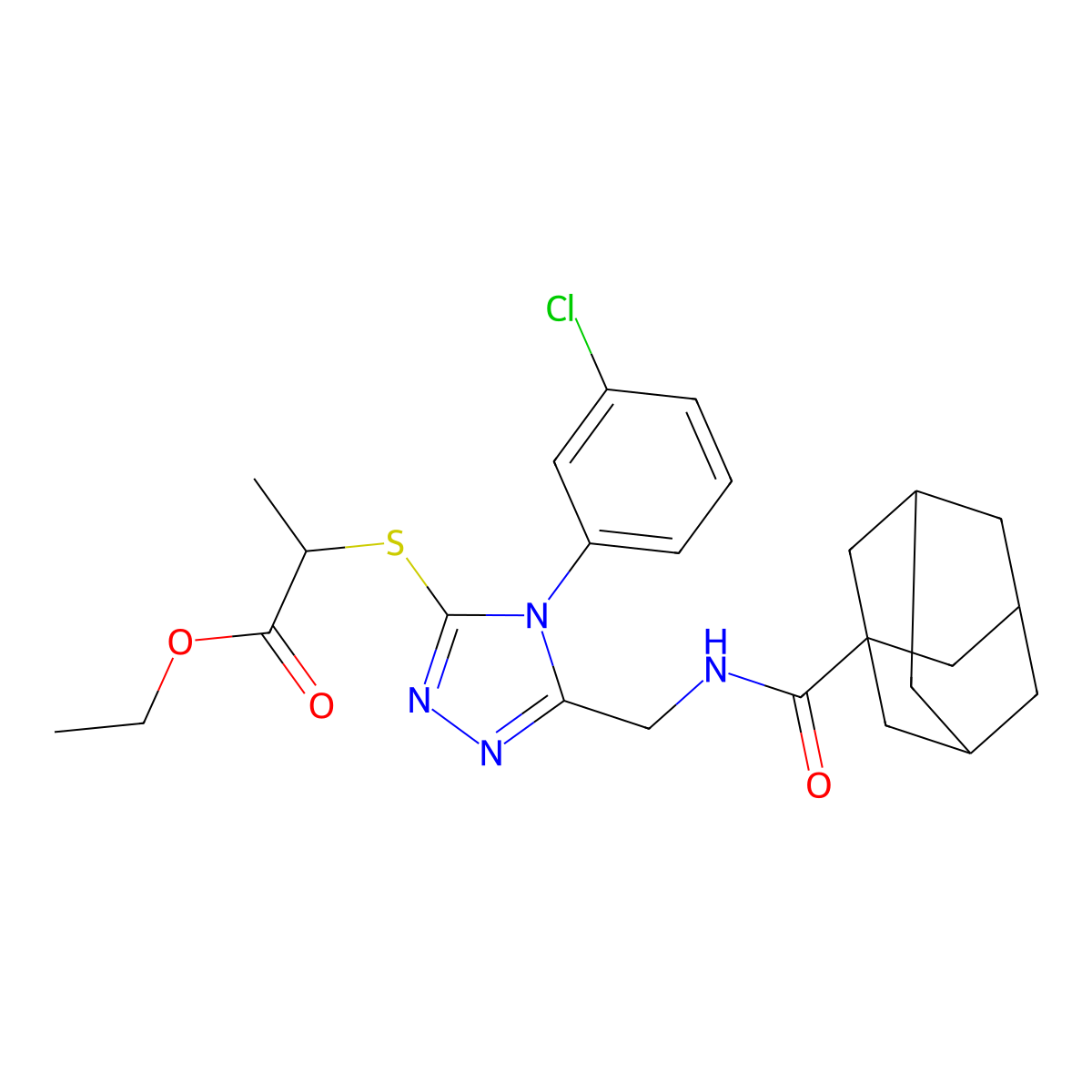 Ethyl 2-[[5-[(adamantane-1-carbonylamino)methyl]-4-(3-chlorophenyl)-1,2,4-triazol-3-yl]sulfanyl]propanoate molecular structure, CAS 476439-30-2