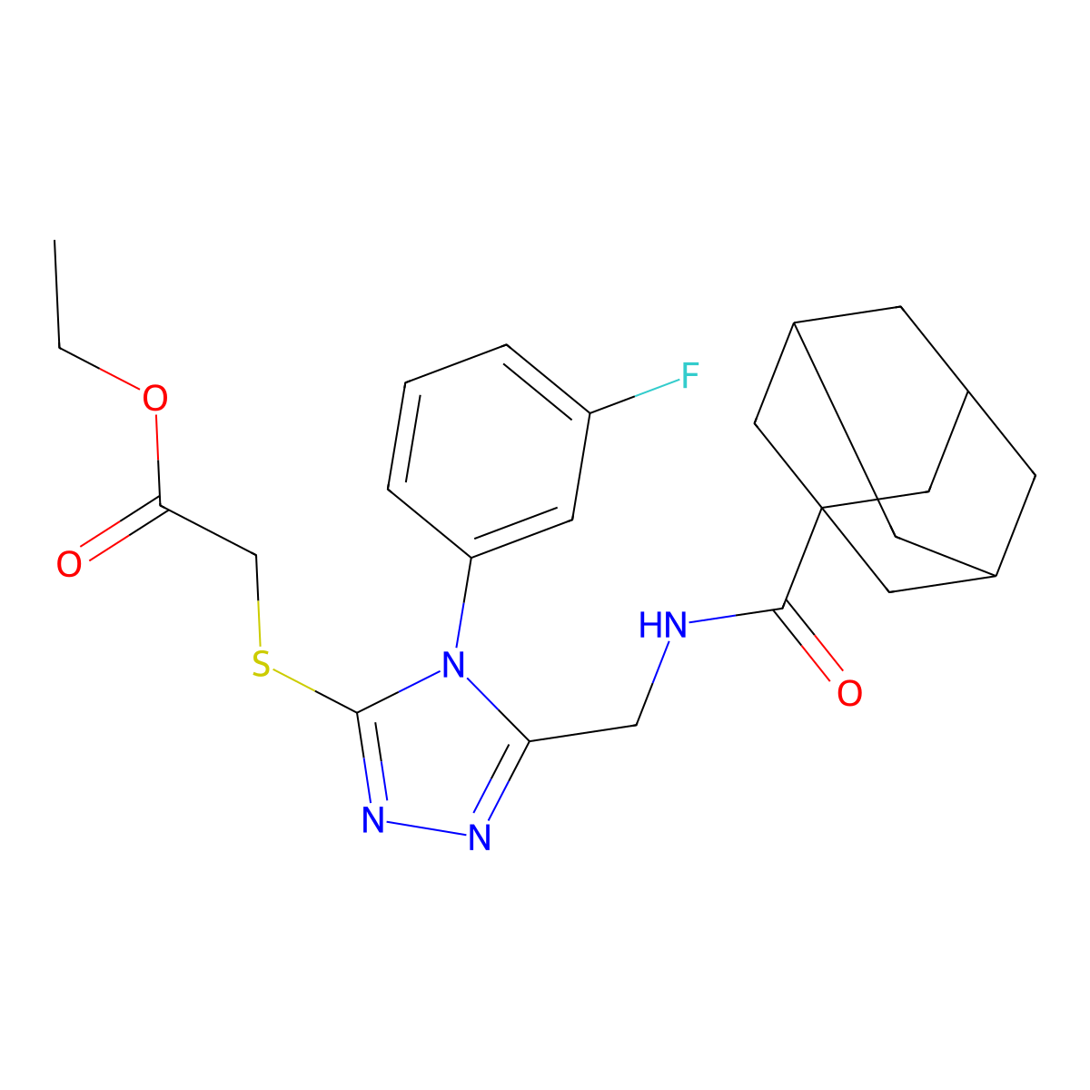 Ethyl 2-[[5-[(adamantane-1-carbonylamino)methyl]-4-(3-fluorophenyl)-1,2,4-triazol-3-yl]sulfanyl]acetate molecular structure, CAS 476439-71-1