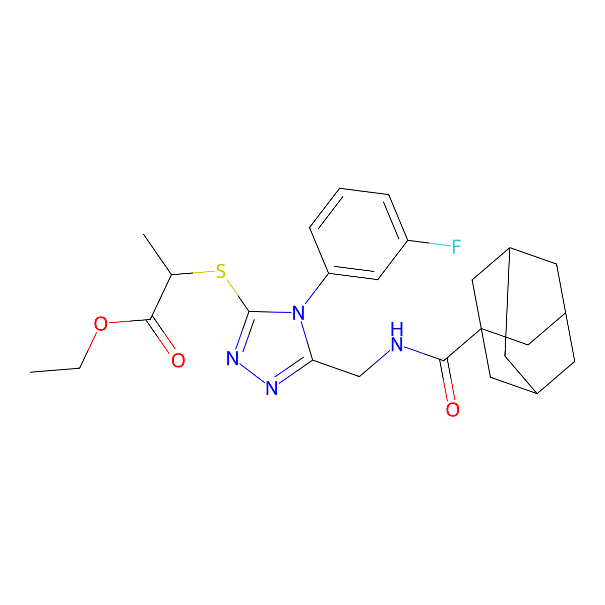 Ethyl 2-[[5-[(adamantane-1-carbonylamino)methyl]-4-(3-fluorophenyl)-1,2,4-triazol-3-yl]sulfanyl]propanoate molecular structure, CAS 476439-72-2