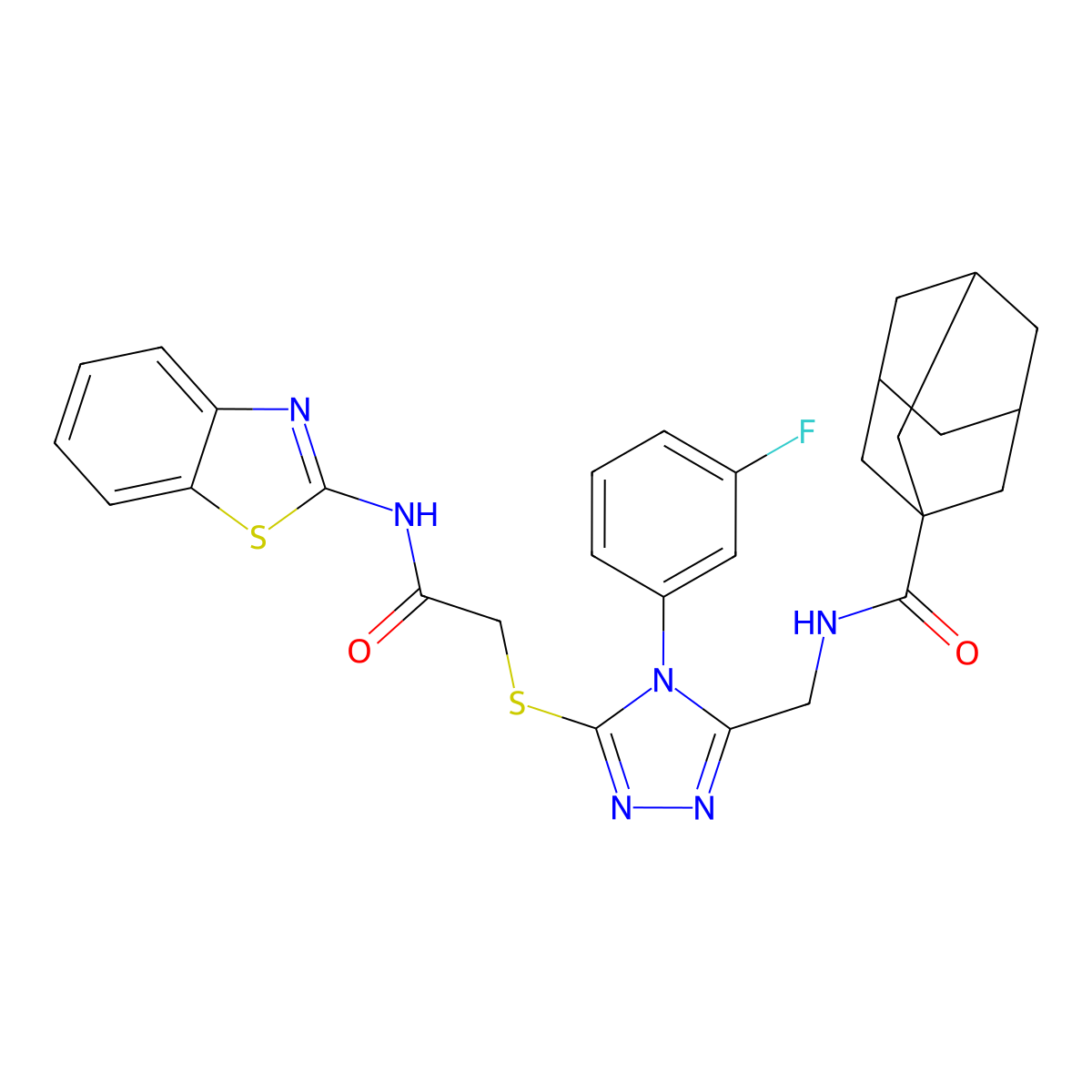 N-[[5-[2-(1,3-benzothiazol-2-ylamino)-2-oxoethyl]sulfanyl-4-(3-fluorophenyl)-1,2,4-triazol-3-yl]methyl]adamantane-1-carboxamide molecular structure, CAS 476439-98-2
