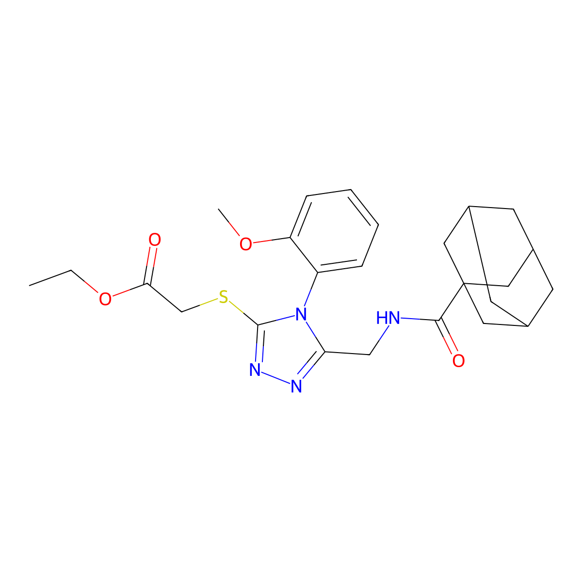 Ethyl 2-[[5-[(adamantane-1-carbonylamino)methyl]-4-(2-methoxyphenyl)-1,2,4-triazol-3-yl]sulfanyl]acetate molecular structure, CAS 476440-13-8