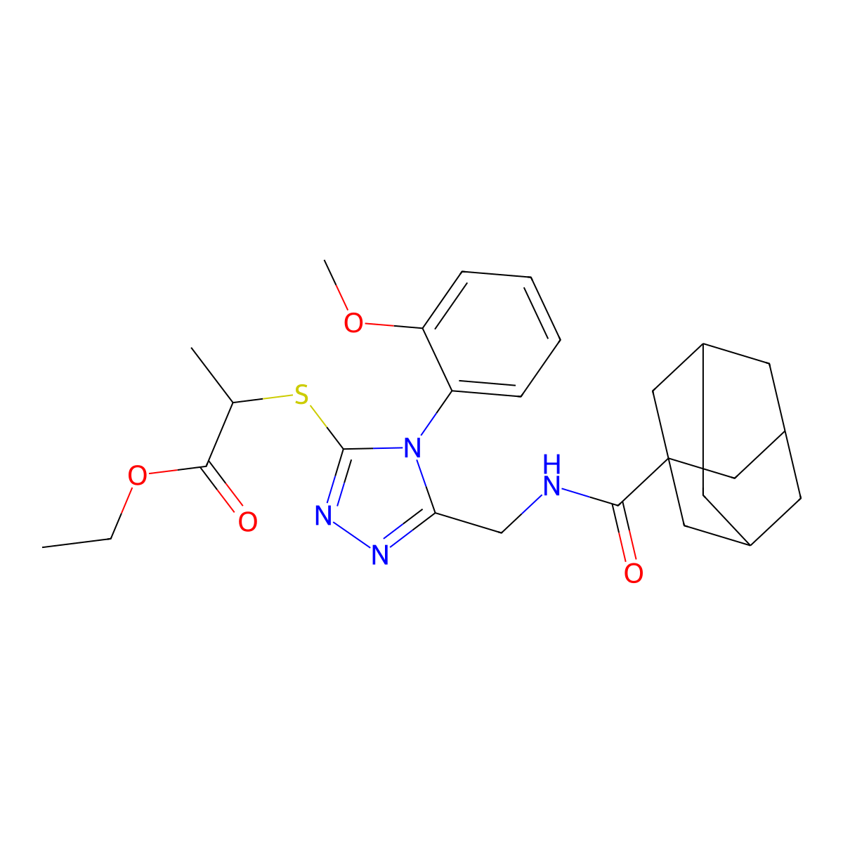 Ethyl 2-[[5-[(adamantane-1-carbonylamino)methyl]-4-(2-methoxyphenyl)-1,2,4-triazol-3-yl]sulfanyl]propanoate molecular structure, CAS 476440-14-9
