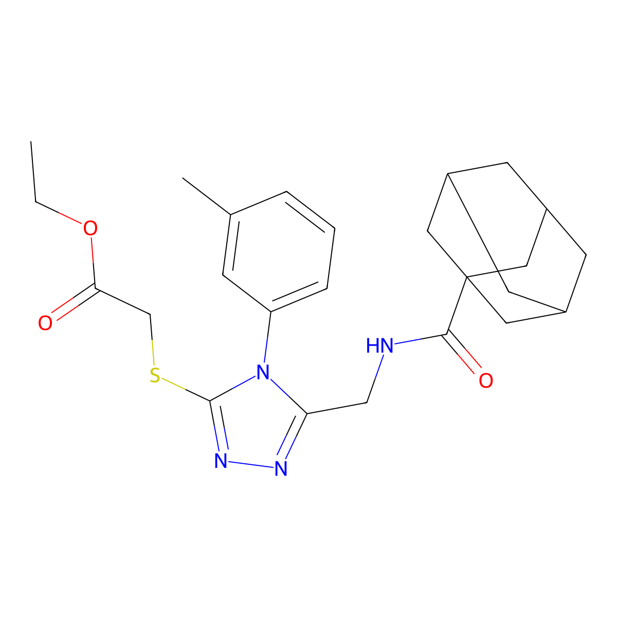 Ethyl 2-[[5-[(adamantane-1-carbonylamino)methyl]-4-(3-methylphenyl)-1,2,4-triazol-3-yl]sulfanyl]acetate molecular structure, CAS 476440-55-8