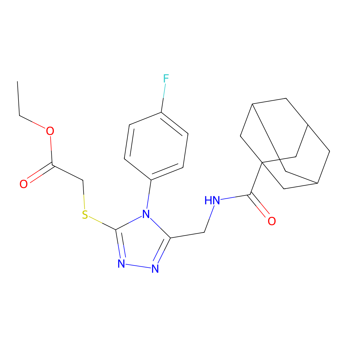 Ethyl 2-[[5-[(adamantane-1-carbonylamino)methyl]-4-(4-fluorophenyl)-1,2,4-triazol-3-yl]sulfanyl]acetate molecular structure, CAS 476440-97-8